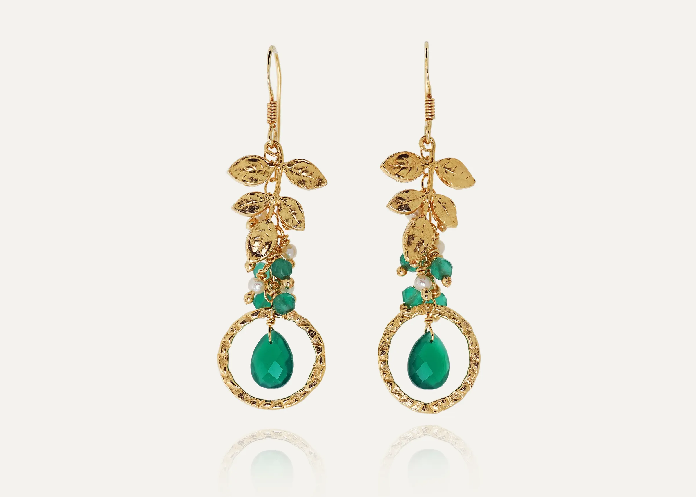Kaoringo Faceted Cut Green Onyx Pearl Leaf Gold Vermeil Silver Dangly Earrings