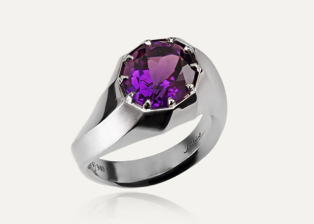 Twisting Curved Amethyst Argentium Silver Ring