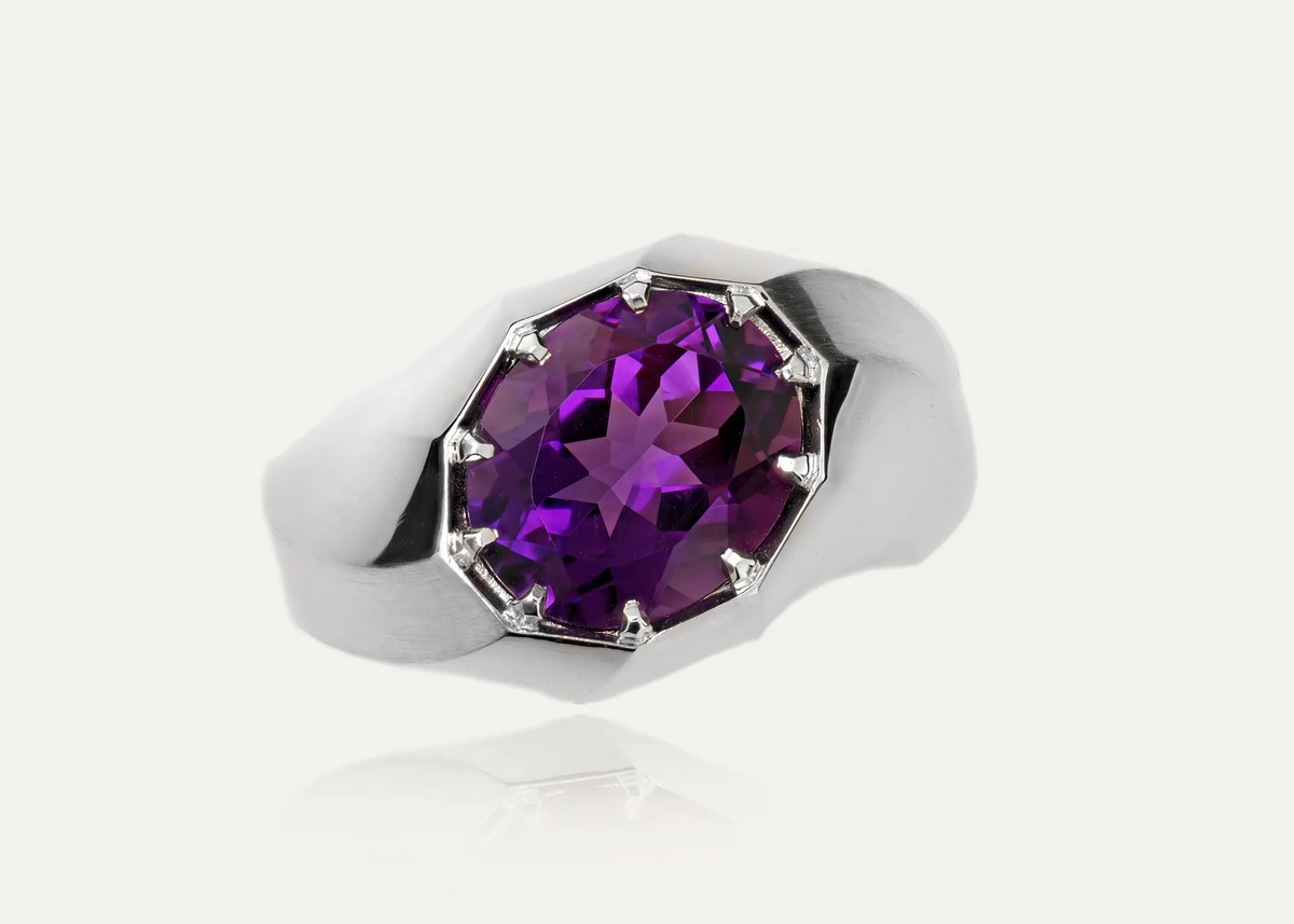 Twisting Curved Amethyst Argentium Silver Ring